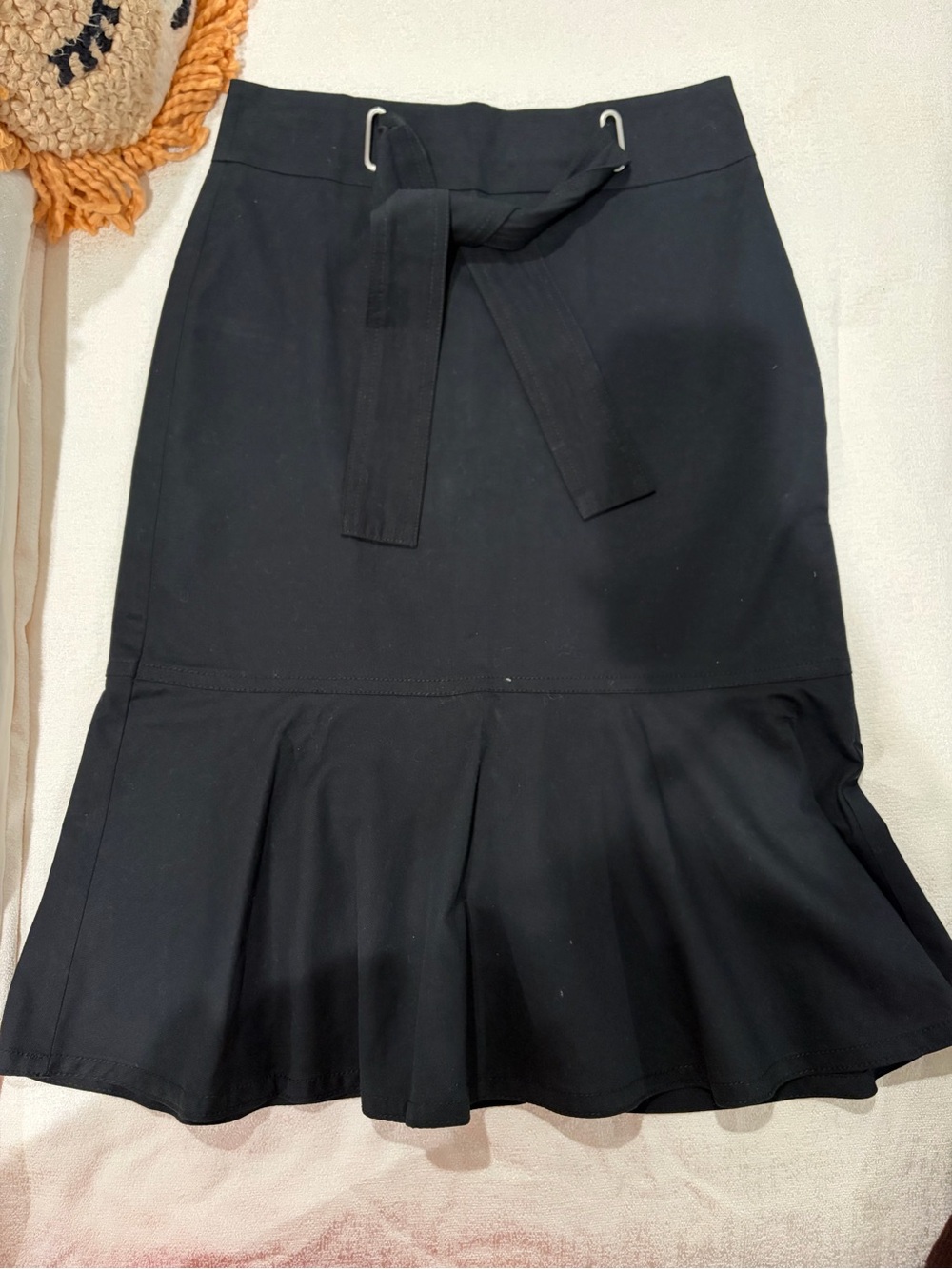 Ann Taylor Black Midi Skirt with Belted Waist and Flounce Hem